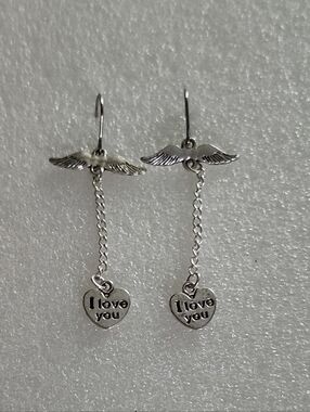 Hand Crafted Silver Wing and 'I Love You' Heart Dangle Earrings